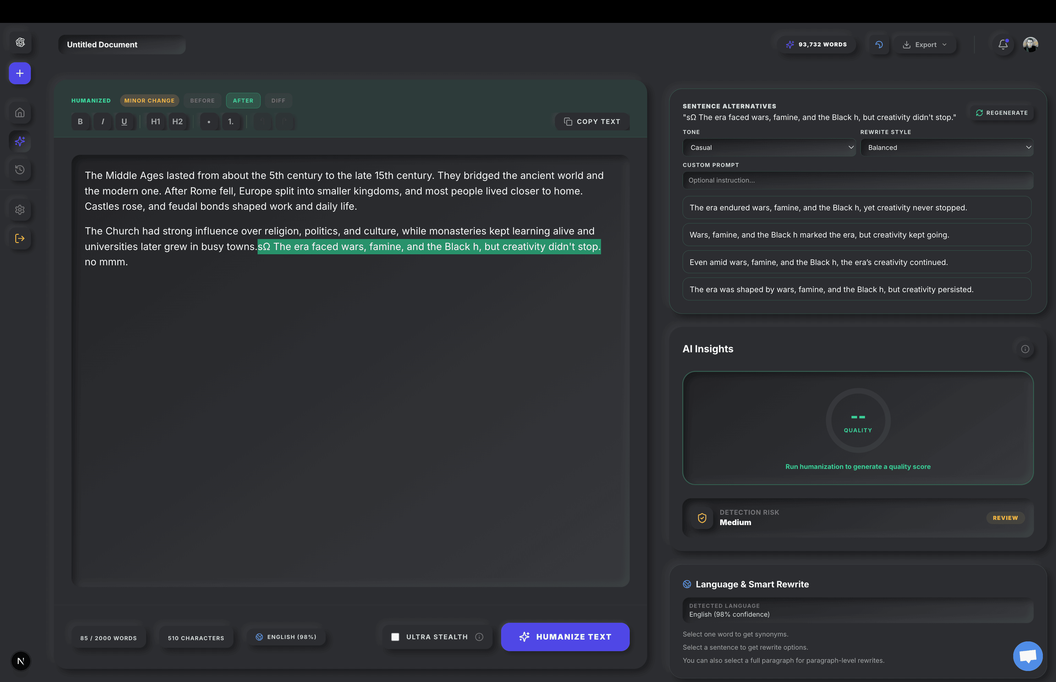 Sentence rewrite suggestions in the humanizer editor
